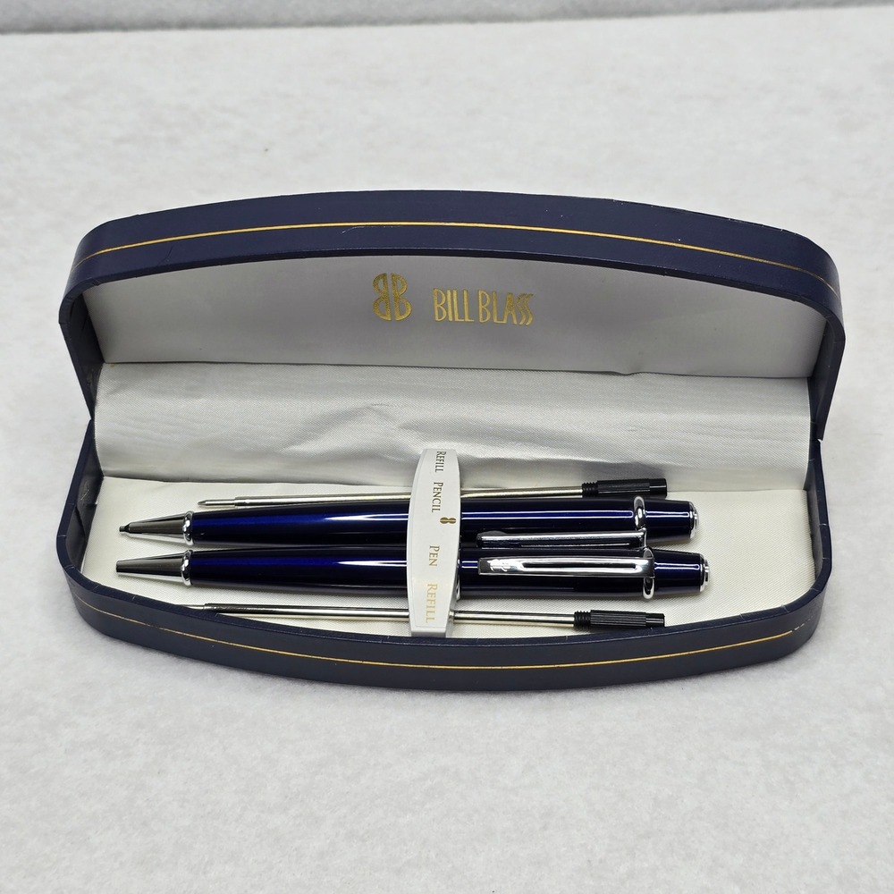 Bill Blass Blue Chrome Ballpoint Pen Mechanical Pencil Set Refills BB0091RF - Picture 3 of 13